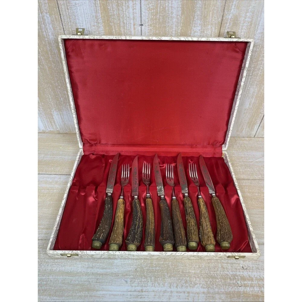 Anton Wingen Jr Solingen-Germany 9 pcs Rostfrei Flatware Stag Knife Fork Set